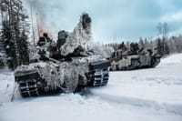 British Army Challenger 2 main battle tanks advance down a road near Tapa, Estonia. During the NATO exercise Winter Camp. Source: NATO